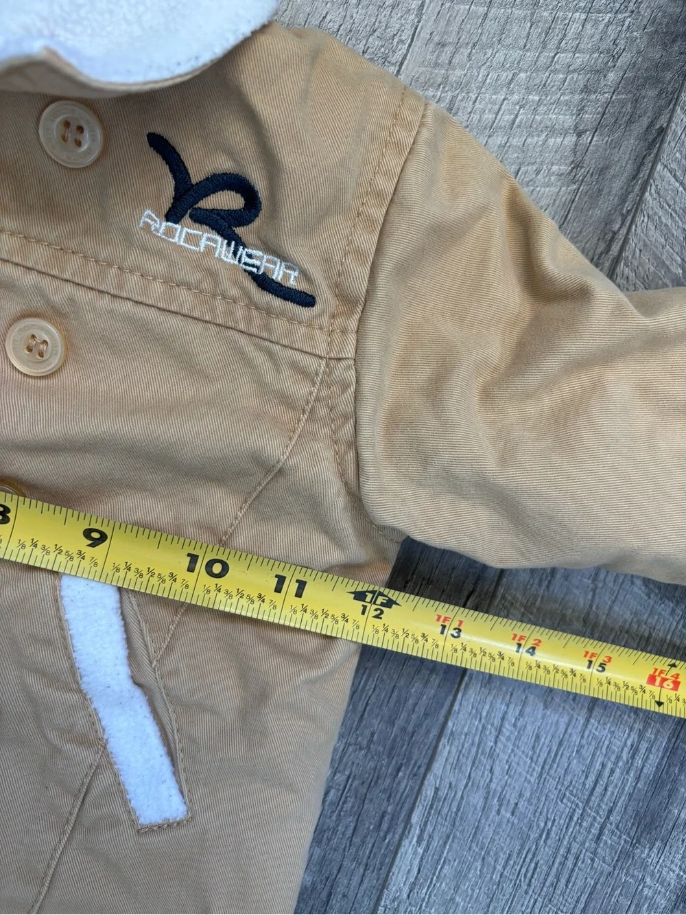 VTG Rocawear Roca Baby Jacket Coat Tan Sherpa Fleece Lined Double Breasted 0-6M